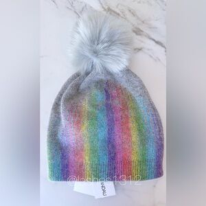 ADRIENNE LANDAU Beanie Gray with Metallic Rainbow and Faux Fur Pom